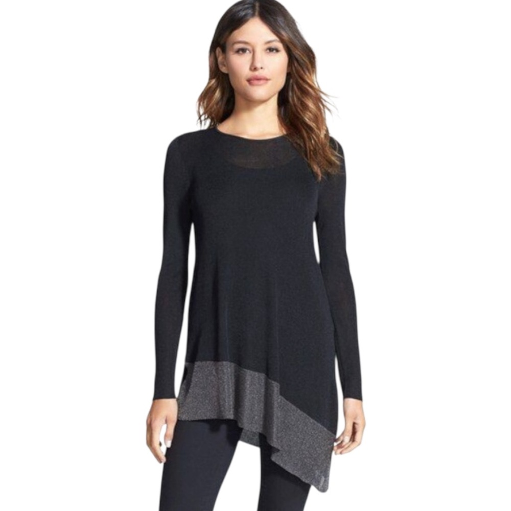 Eileen Fisher Tunic Blouse Metallic Mesh Size Petite Large Black Silver Long